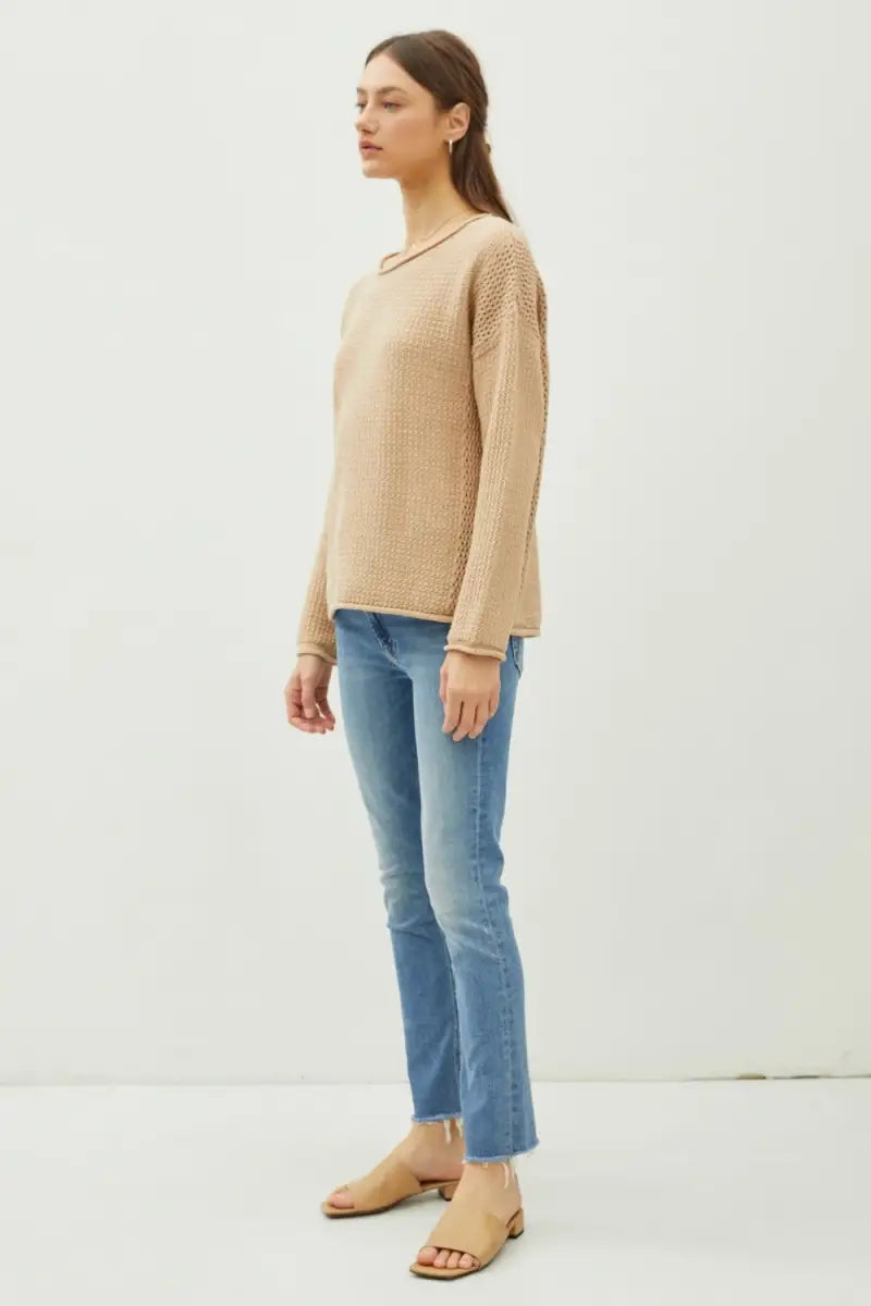 Rolled Openwork Round Neck Sweater - Sweater - Be Cool - Sweaters & Knitwear