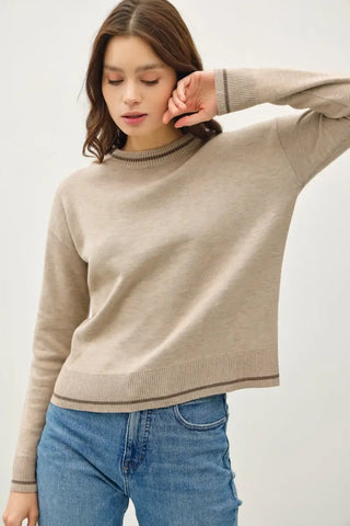 Striped Trim Round Neck Long Sleeve Sweater - Sweater - Be Cool - Winter Collection