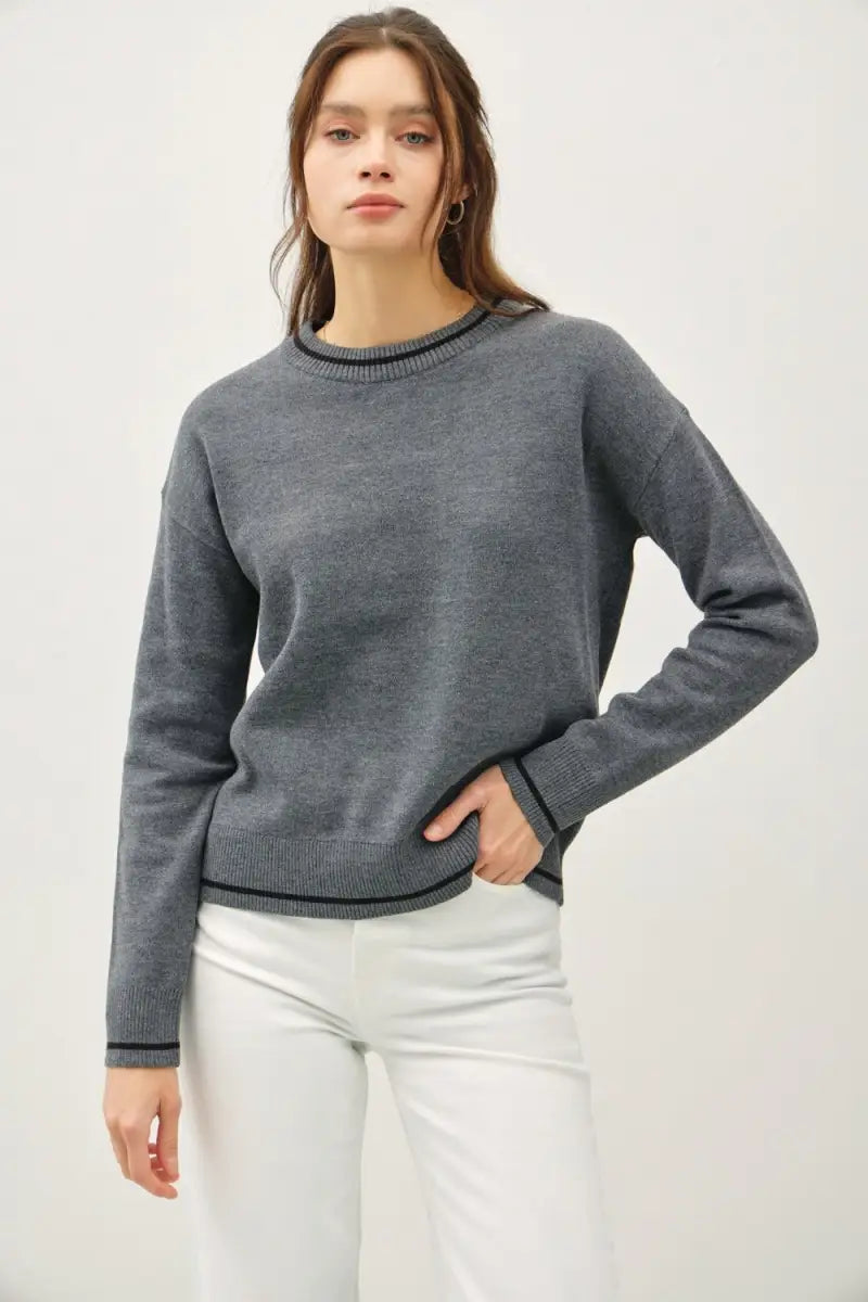 Striped Trim Round Neck Long Sleeve Sweater - Sweater - Be Cool - Sweaters & Knitwear