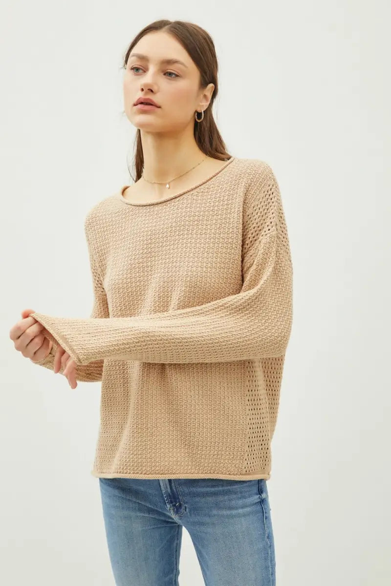 Taupe / S/M - Rolled Openwork Round Neck Sweater - Sweater - Be Cool - Sweaters & Knitwear