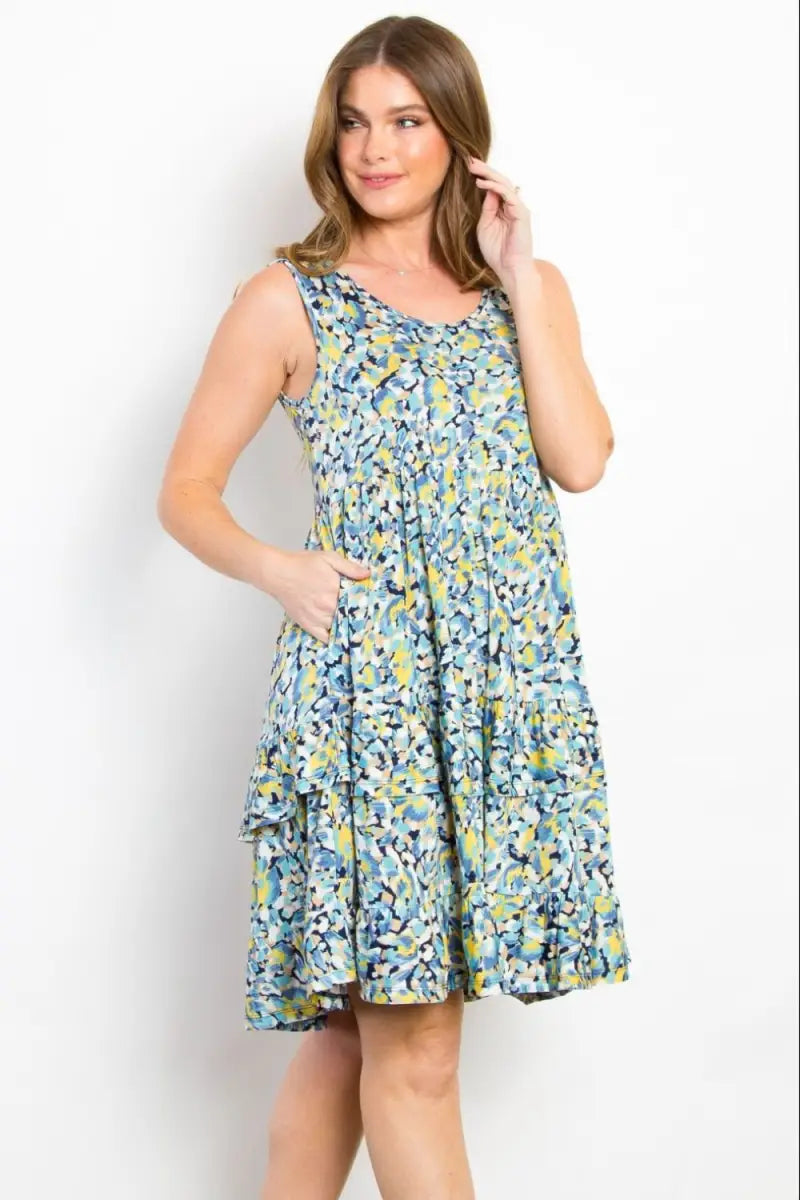 Blue / S - Full Size Print Wrinkle Free Ruffled Dress - Dress - BE Stage - Dresses