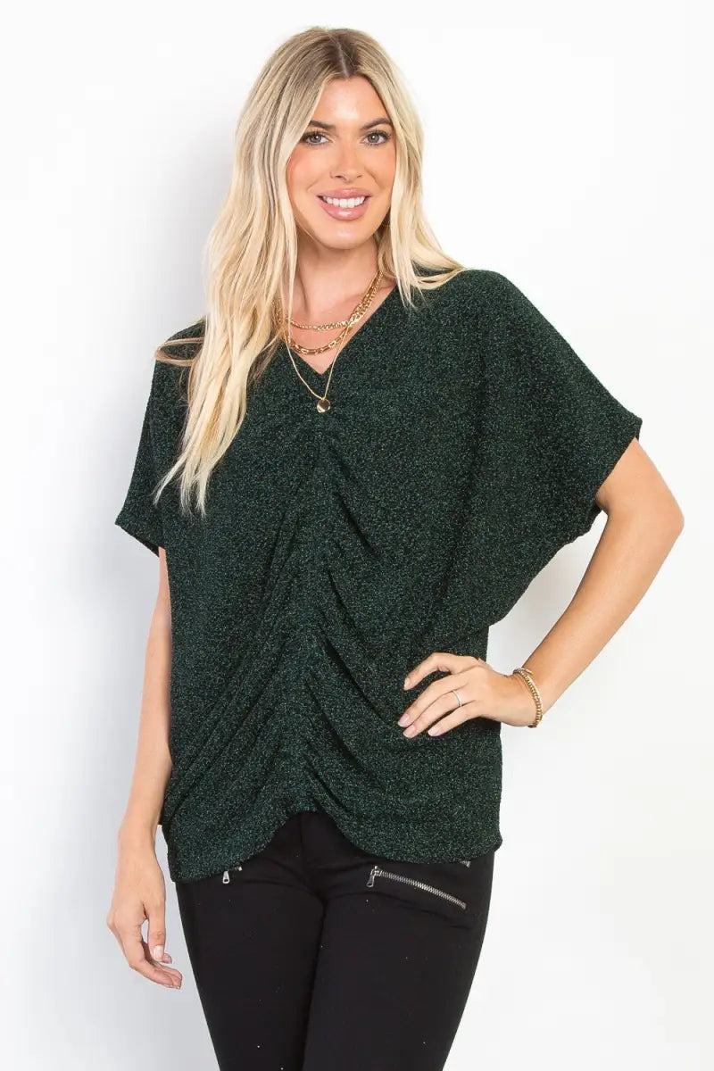 Hunter Green / S - Full Size Lurex Center Elastic Cinched Knit Top - Blouse - BE Stage - Tops