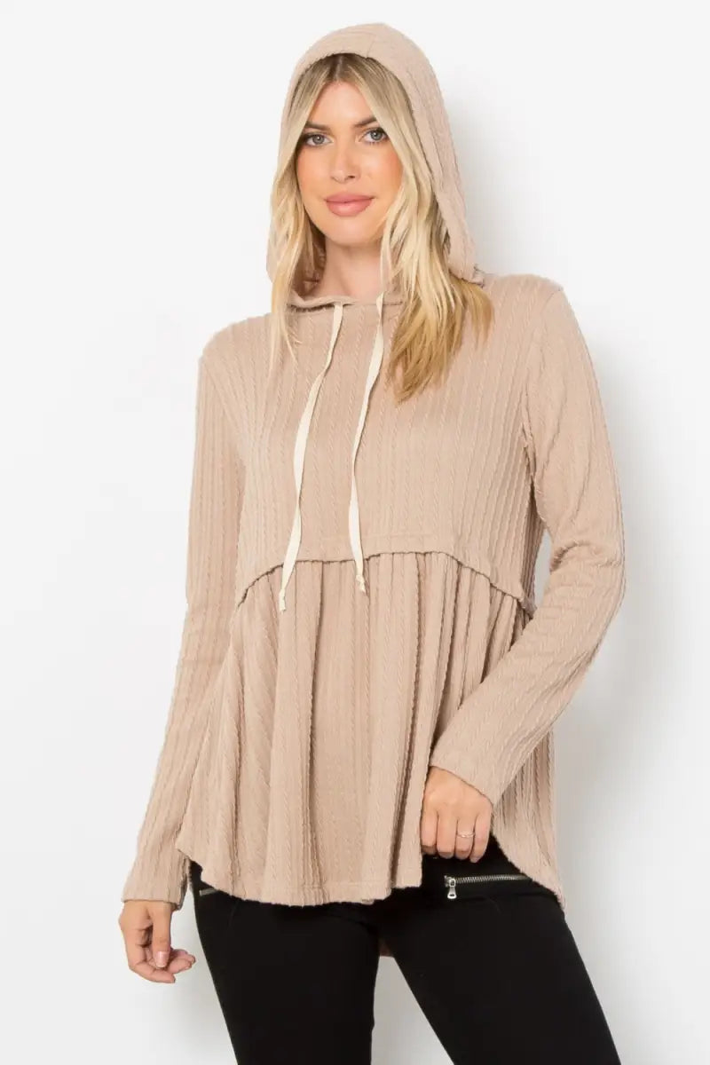 Taupe / S - Full Size Long Sleeve Peplum Cable Knit Hoodie - Hoodie - BE Stage - Sweaters & Knitwear