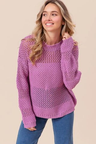 Berry / S - Openwork Long Sleeve Knit Top - Sweater - BiBi - Winter Collection