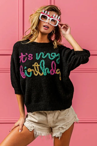 Black / S - Metallic Letter Puff Sleeve Hairy Sweater - Sweater - BiBi - Winter Collection