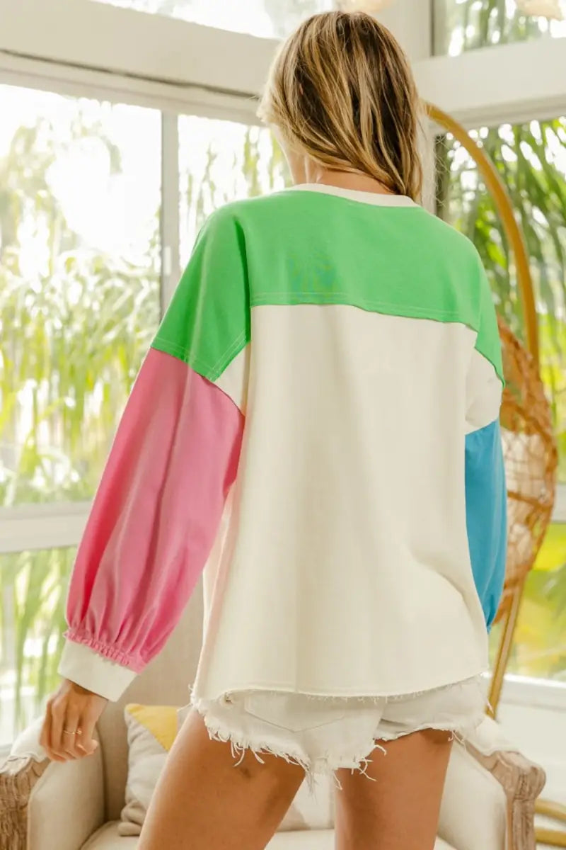 BiBi Color Block Patched Long Sleeve Top - Long Sleeve - BiBi - Tops