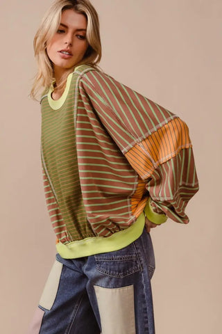 BiBi Color Block Striped Round Neck Sweatshirt - Sweatshirt - BiBi - Tops