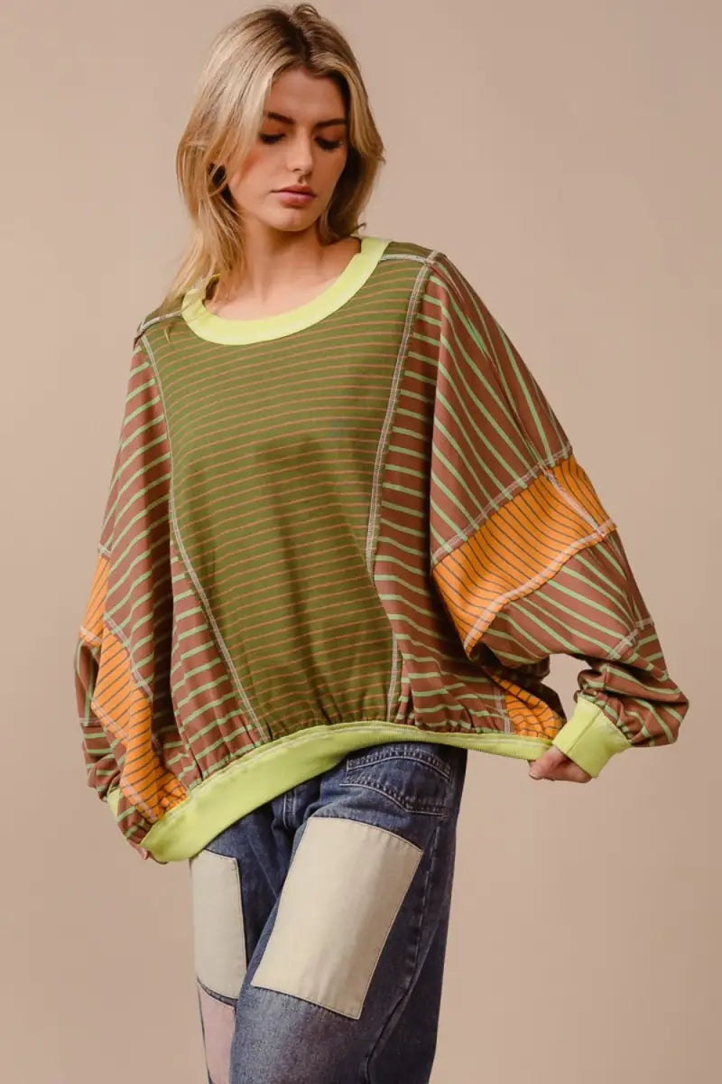 BiBi Color Block Striped Round Neck Sweatshirt - Sweatshirt - BiBi - Tops