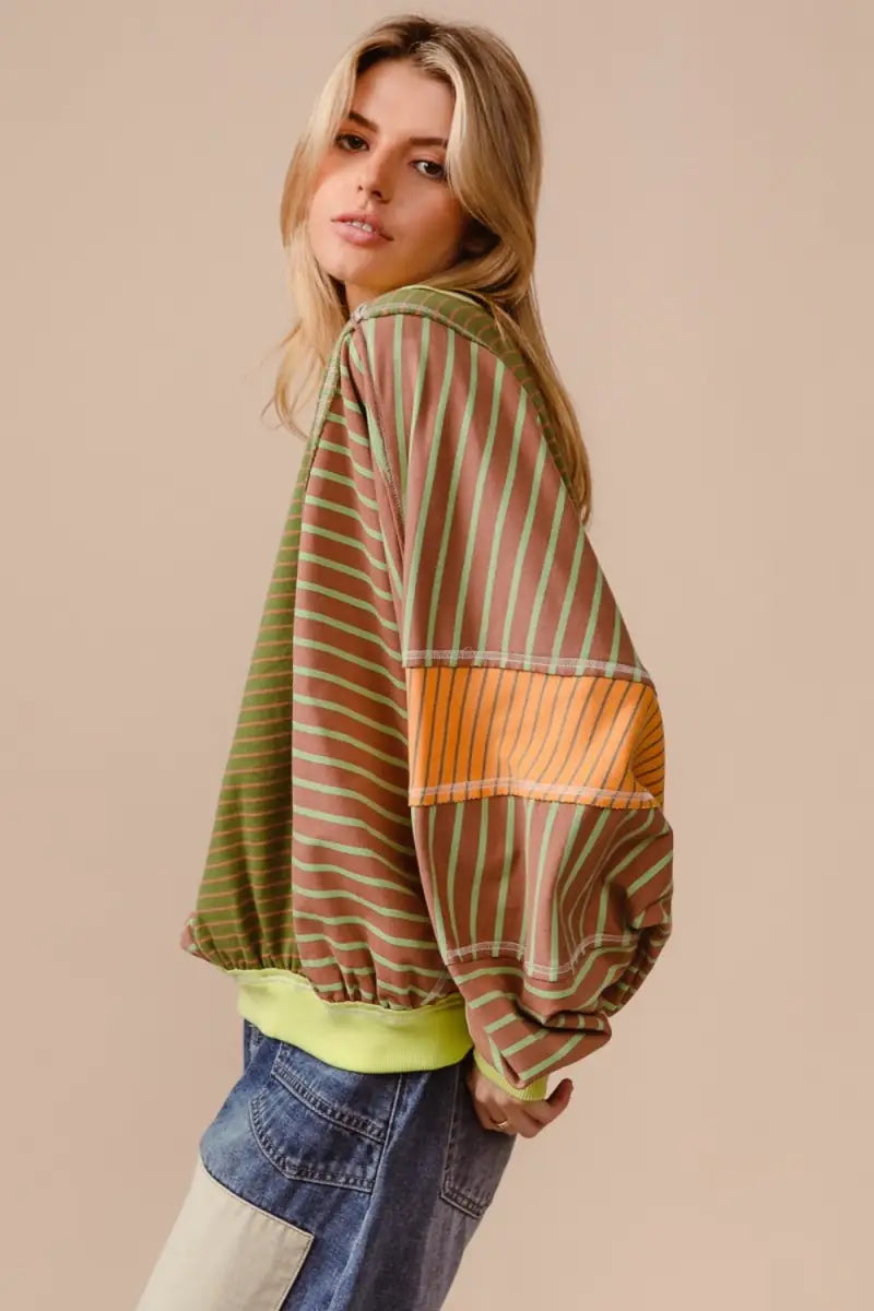 BiBi Color Block Striped Round Neck Sweatshirt - Sweatshirt - BiBi - Tops