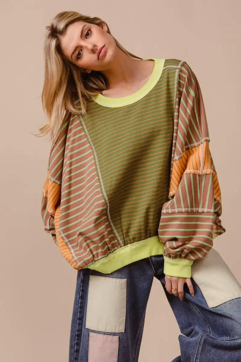 BiBi Color Block Striped Round Neck Sweatshirt - Sweatshirt - BiBi - Tops