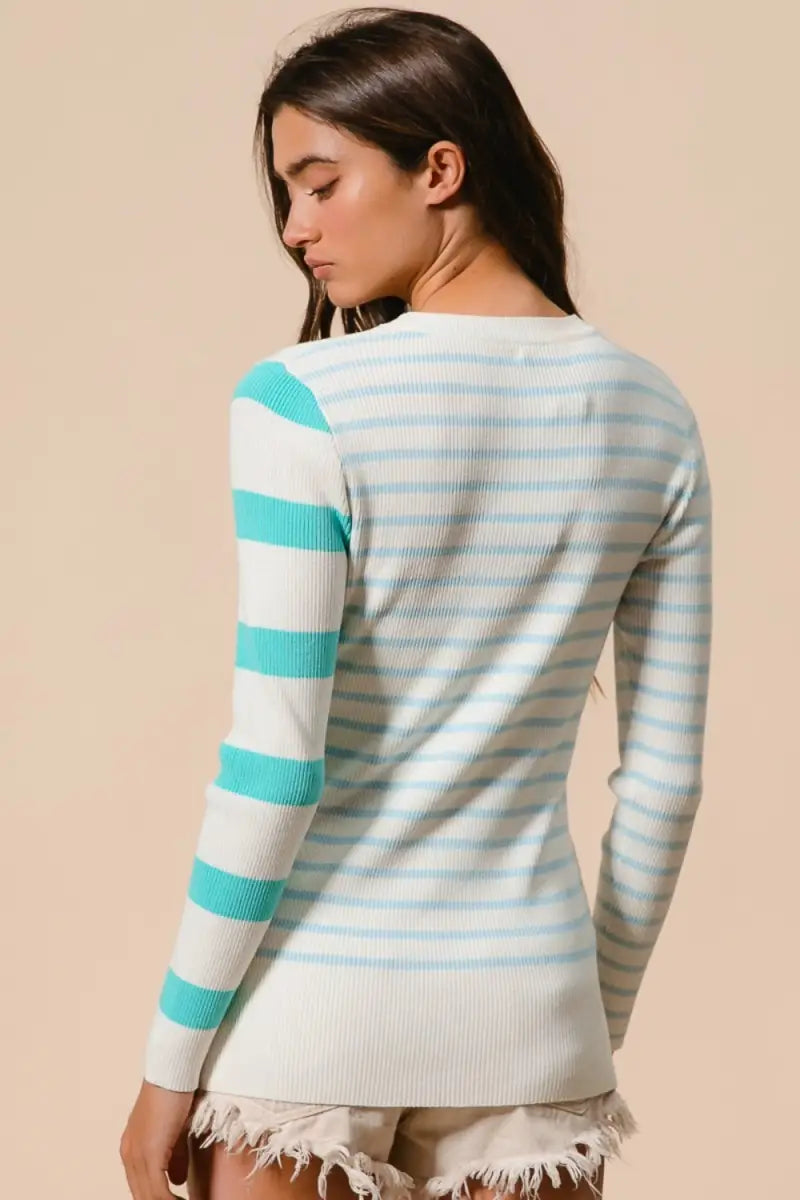 Contrast Striped Asymmetrical Hem Knit Top - Sweater - BiBi - Sweaters & Knitwear