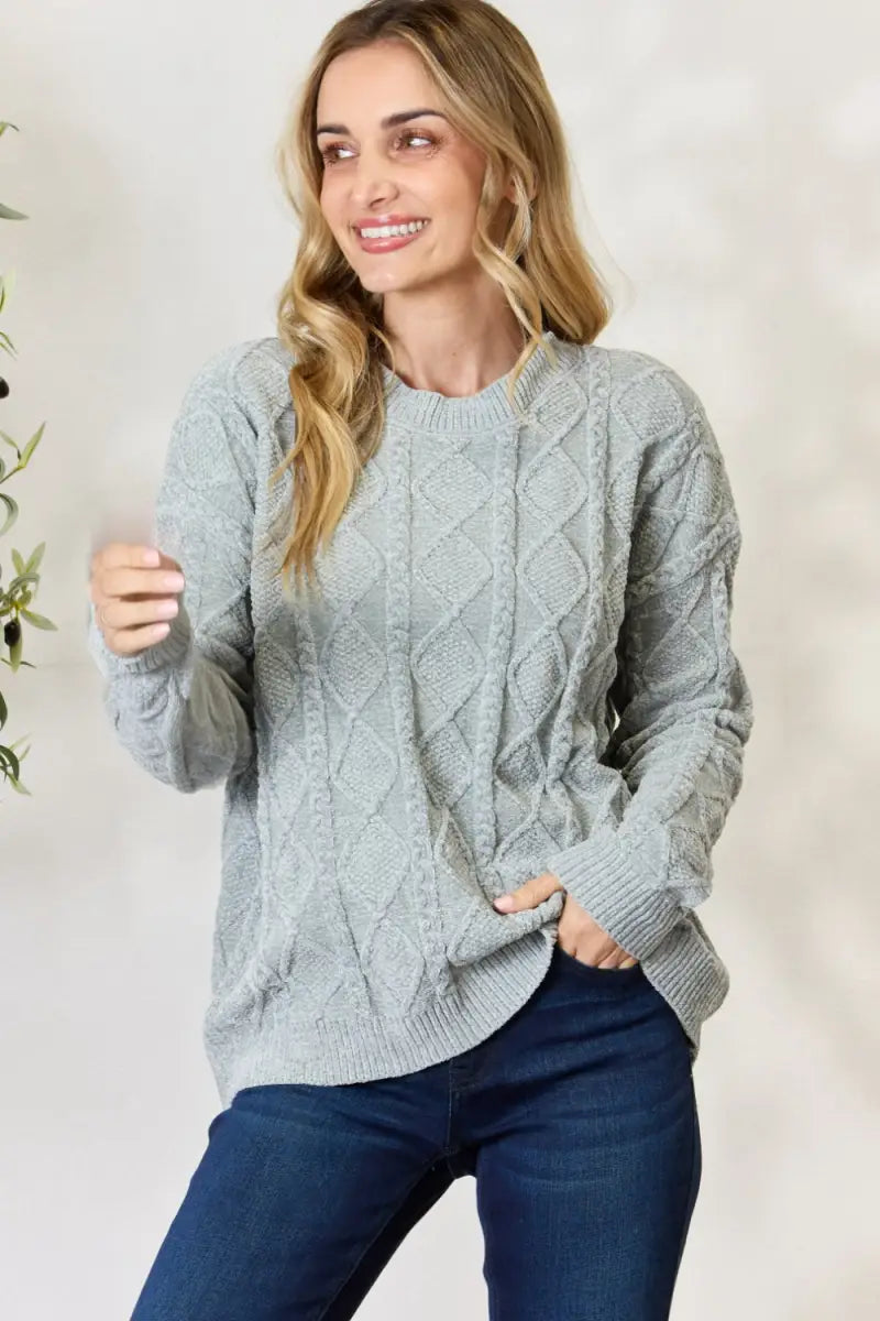 Dust Sage / S - BiBi Cable Knit Round Neck Sweater - Sweater - BiBi - Latest Products