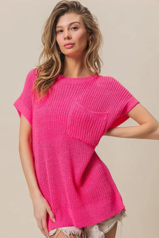 Fuchsia / S - Patch Pocket Short Sleeve Sweater - Sweater - BiBi - Winter Collection