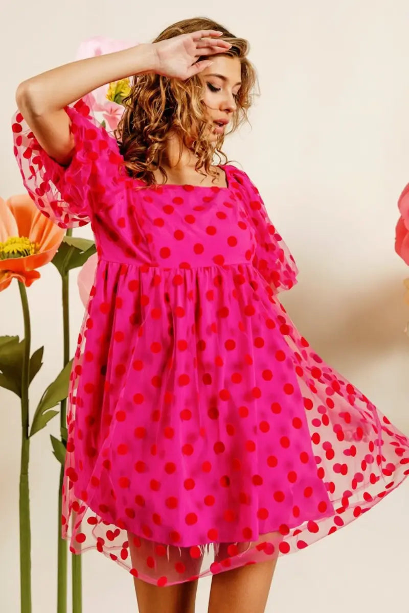 Fuchsia / S - Polka Dot Mesh Puff Sleeve Dress - Dress - BiBi - Dresses