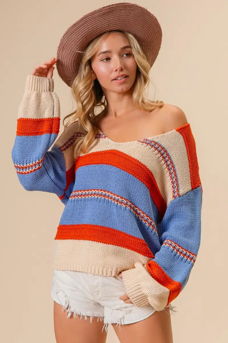 Multicolor / S - Multi Color Stripe Scoop Neck Sweater - Sweater - BiBi - Winter Collection