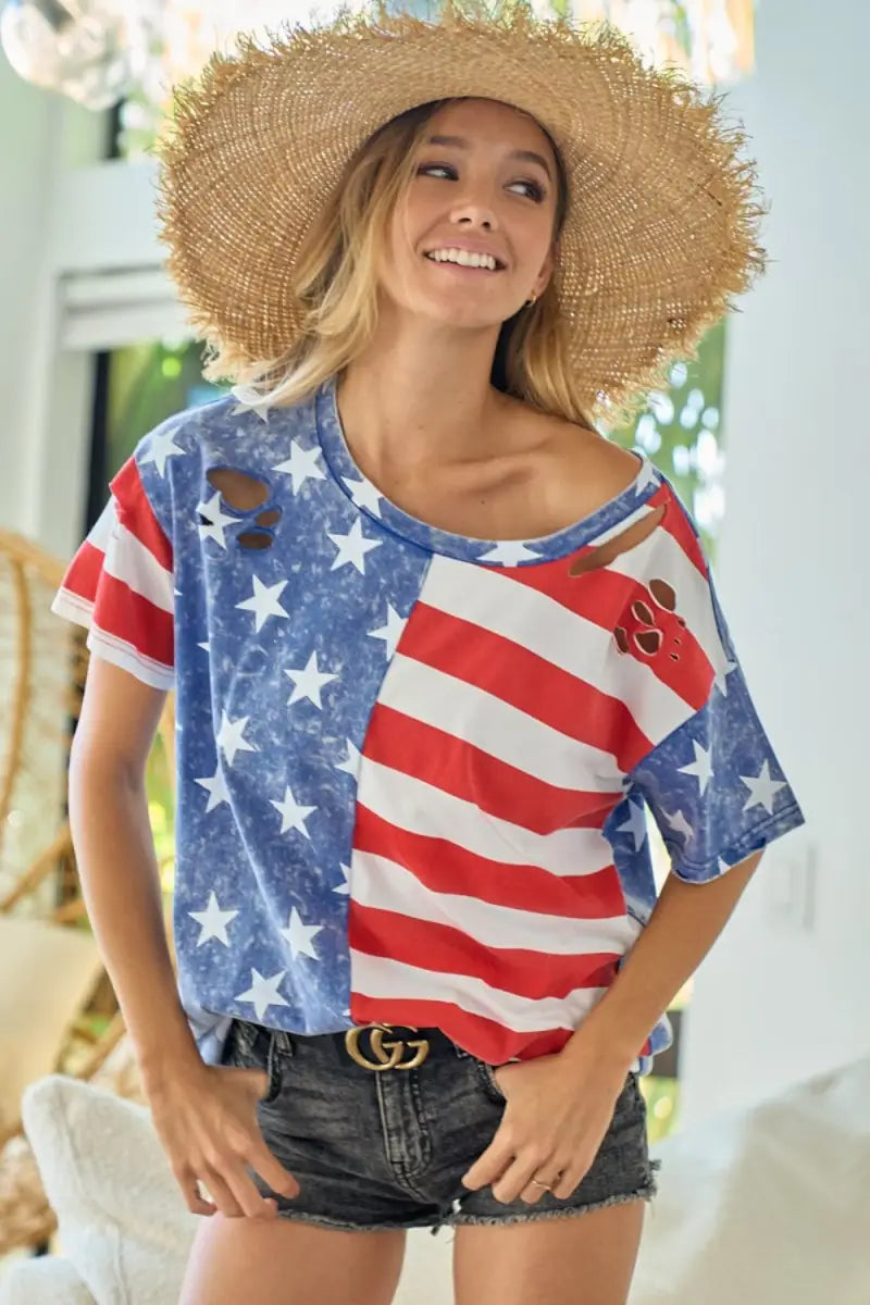 Navy/Red / S - American Flag Theme Short Sleeve T-Shirt - T-Shirt - BiBi - Tops