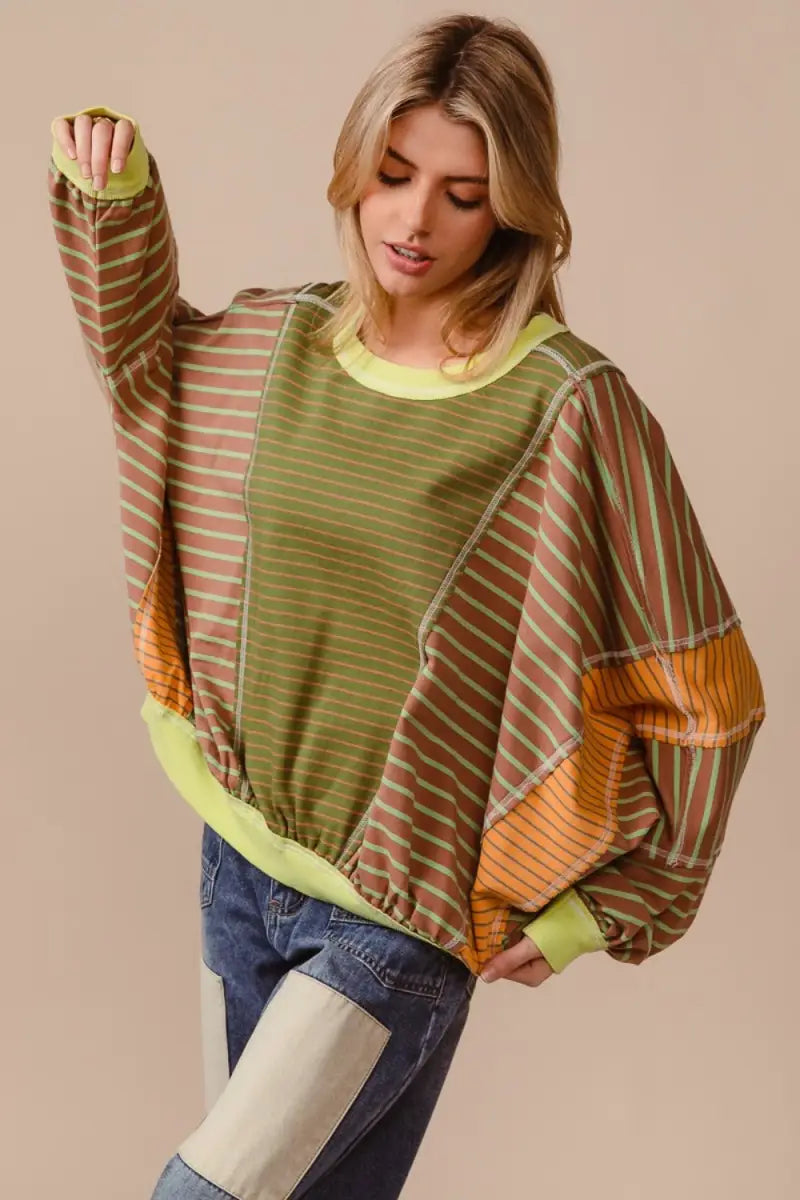 Olive/Latte / S - BiBi Color Block Striped Round Neck Sweatshirt - Sweatshirt - BiBi - Tops