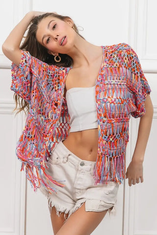 Open Front Fringed Crop Knit Cardigan - Cardigan - BiBi - Outerwear