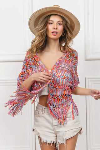 Open Front Fringed Crop Knit Cardigan - Cardigan - BiBi - Outerwear