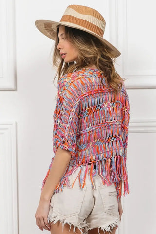 Open Front Fringed Crop Knit Cardigan - Cardigan - BiBi - Outerwear