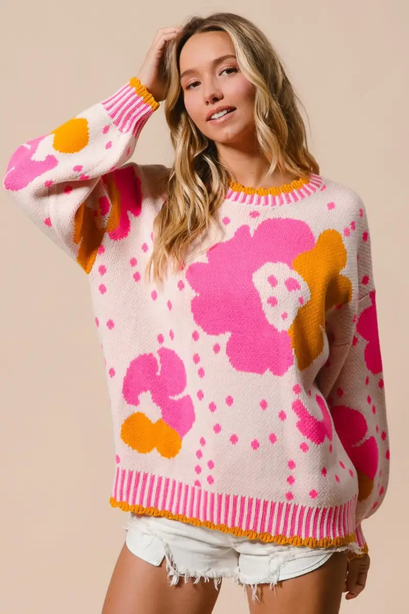 Pink / S - Flower Pattern Contrast Sweater - Sweater - BiBi - Winter Collection