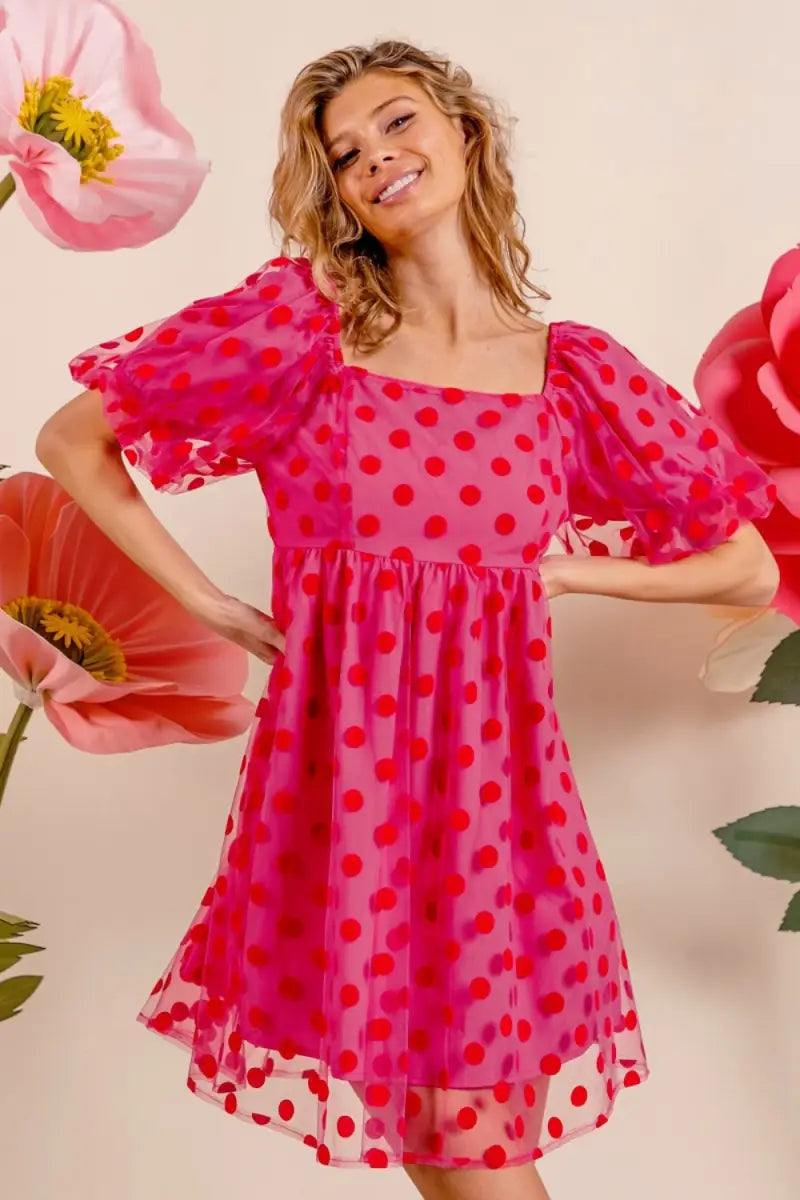 Polka Dot Mesh Puff Sleeve Dress - Dress - BiBi - Dresses