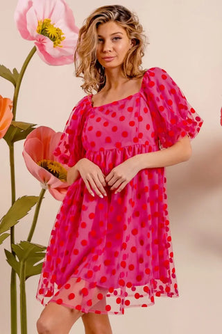 Polka Dot Mesh Puff Sleeve Dress - Dress - BiBi - Dresses