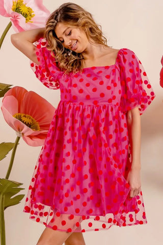 Polka Dot Mesh Puff Sleeve Dress - Dress - BiBi - Dresses