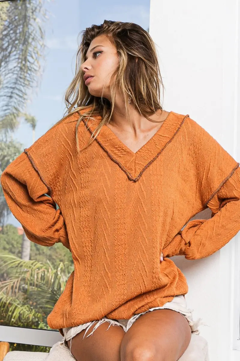 Textured Exposed Seam Drop Shoulder Knit Top - Sweater - BiBi - Winter Collection