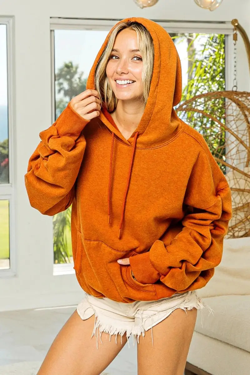 Vintage Rust / S - BiBi Ruched Long Sleeve Washed Fleece Hoodie - Hoodie - BiBi - Tops