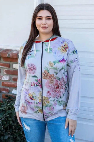 Full Size Floral Zip Up Hoodie - Hoodie - Blumin Apparel - Winter Collection