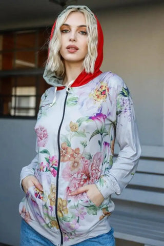 Pink Floral / S - Full Size Floral Zip Up Hoodie - Hoodie - Blumin Apparel - Winter Collection