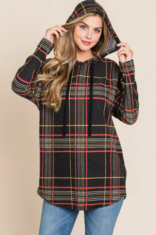 Black / S - Drawstring Plaid Long Sleeve Hoodie - Hoodie - BOMBOM - Tops