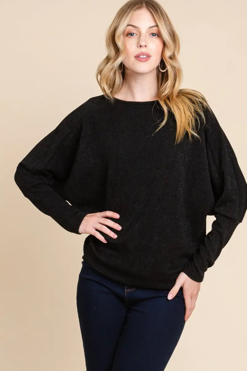 Black / S - Drop Shoulder Long Sleeve Knit Top - Sweater - BOMBOM - Winter Collection