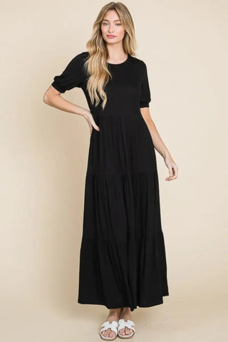 Black / S - Short Sleeve Tiered Maxi Dress - Dress - BOMBOM - Dresses