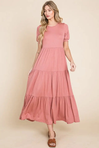 Brick / S - Short Sleeve Tiered Maxi Dress - Dress - BOMBOM - Dresses