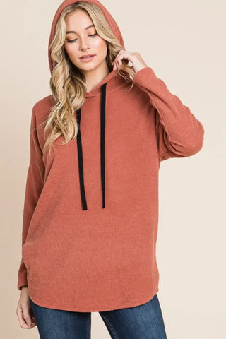 Contrast Drawstring Drop Shoulder Knit Hoodie - Hoodie - BOMBOM - Tops