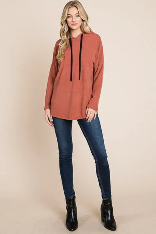 Contrast Drawstring Drop Shoulder Knit Hoodie - Hoodie - BOMBOM - Tops