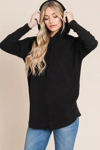 Contrast Drawstring Drop Shoulder Knit Hoodie - Hoodie - BOMBOM - Tops