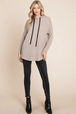 Contrast Drawstring Drop Shoulder Knit Hoodie - Hoodie - BOMBOM - Tops