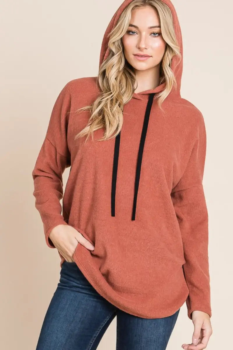 Contrast Drawstring Drop Shoulder Knit Hoodie - Hoodie - BOMBOM - Tops