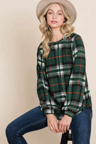 Curved Hem Plaid Round Neck Long Sleeve Top - Shirt - BOMBOM - Tops