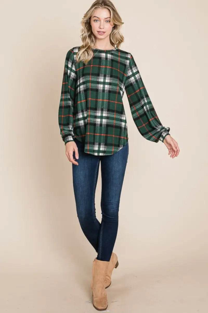 Curved Hem Plaid Round Neck Long Sleeve Top - Shirt - BOMBOM - Tops