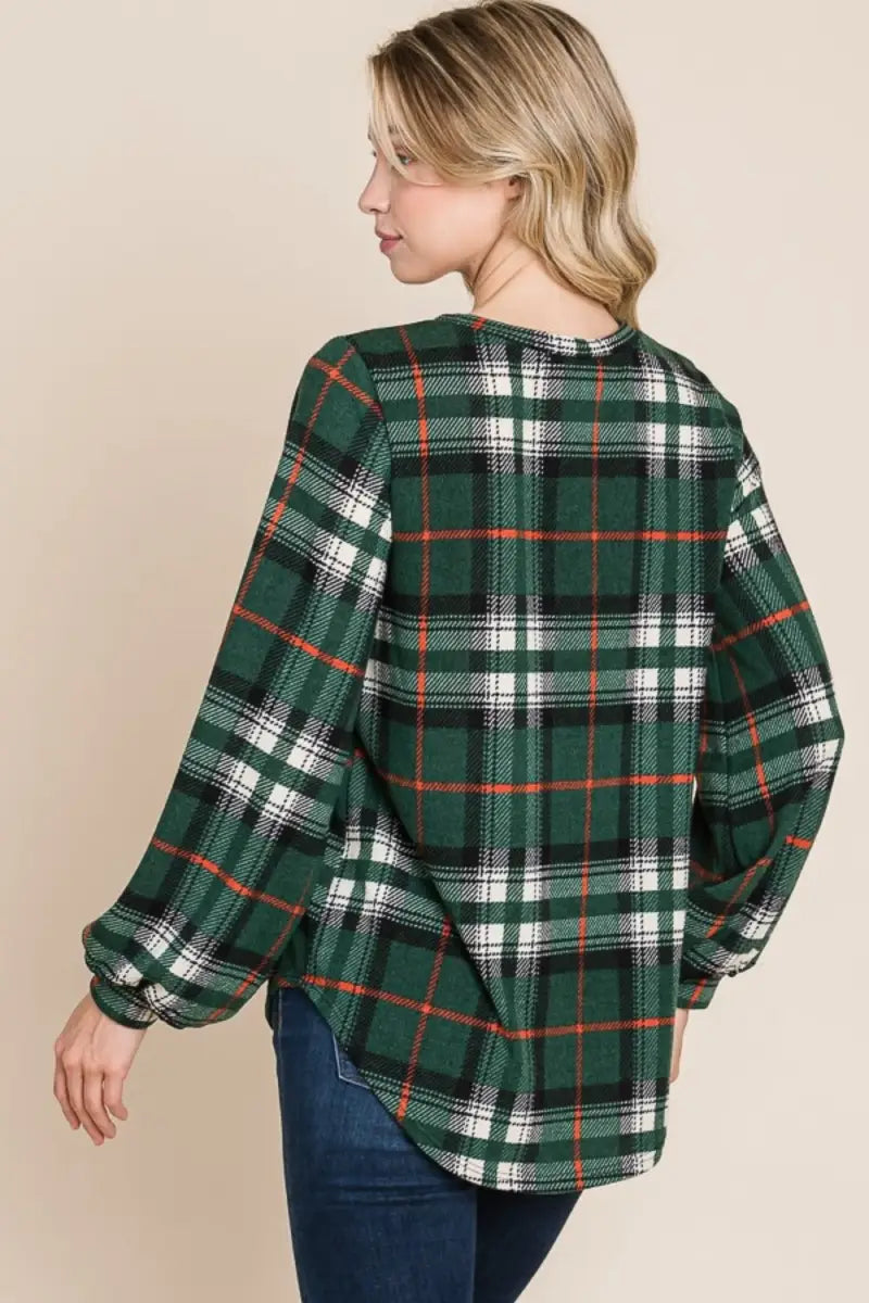 Curved Hem Plaid Round Neck Long Sleeve Top - Shirt - BOMBOM - Tops