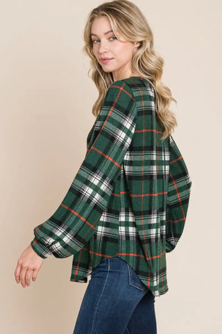 Curved Hem Plaid Round Neck Long Sleeve Top - Shirt - BOMBOM - Tops