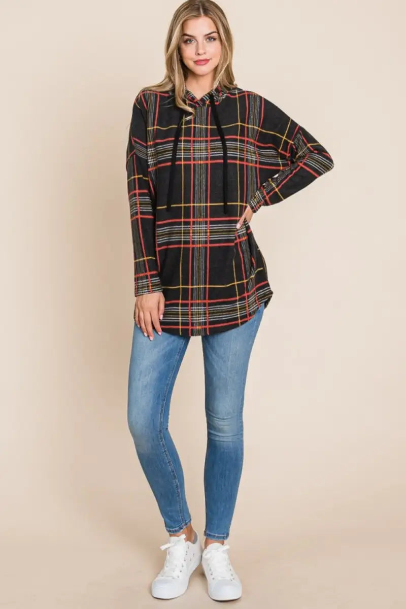 Drawstring Plaid Long Sleeve Hoodie - Hoodie - BOMBOM - Tops