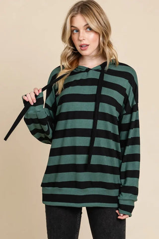 Drawstring Striped Dropped Shoulder Hoodie - Hoodie - BOMBOM - Tops