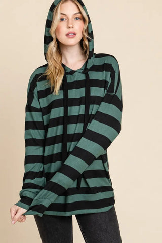 Drawstring Striped Dropped Shoulder Hoodie - Hoodie - BOMBOM - Tops