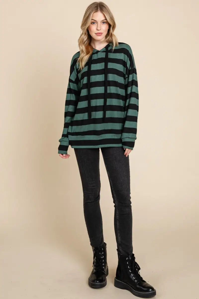 Drawstring Striped Dropped Shoulder Hoodie - Hoodie - BOMBOM - Tops