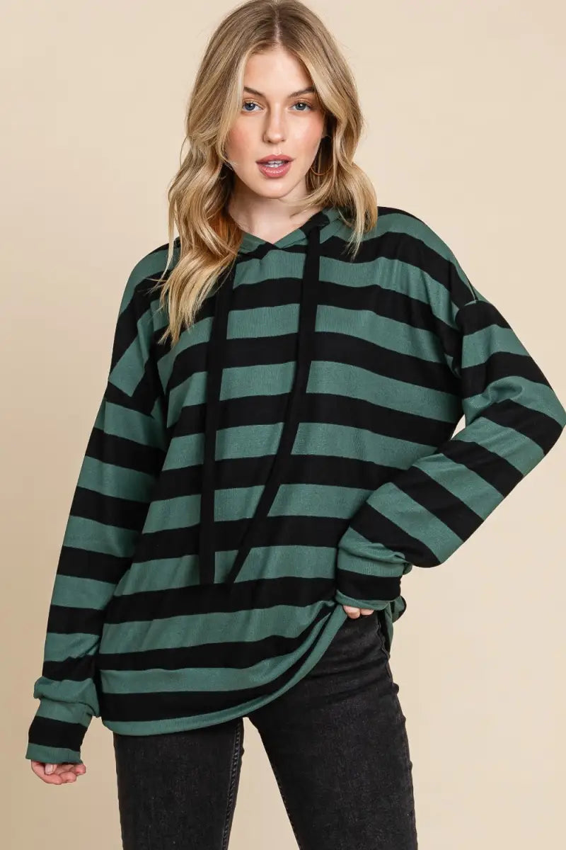 Forest Green/Black / S - Drawstring Striped Dropped Shoulder Hoodie - Hoodie - BOMBOM - Tops